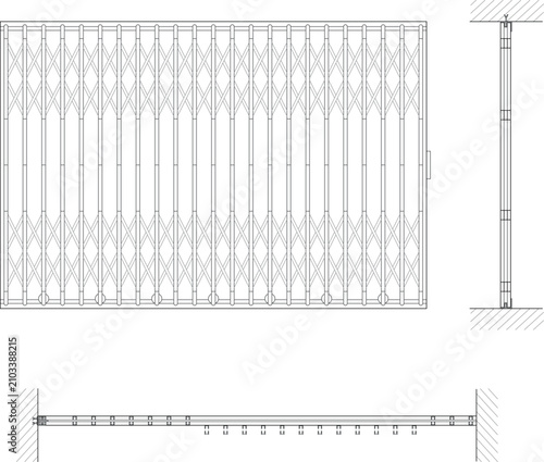 Fotografie Technical vector blueprint of a collapsible security gate, displaying front, sid