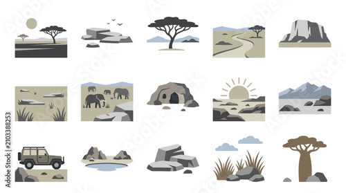Фотография Earth-tone safari landscape and African wildlife icons.