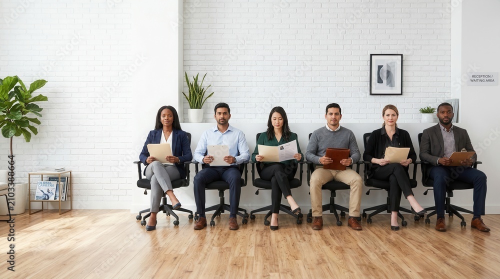 Fototapeta premium Group of candidates sitting in a waiting room for a job interview.