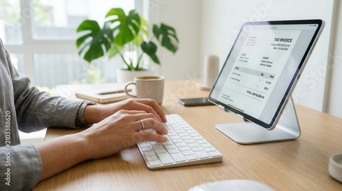 Online digital e invoice displayed on a tablet screen during remote work.