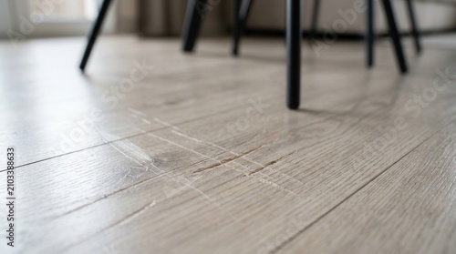 Detailed view of damaged laminate flooring with deep scratches.