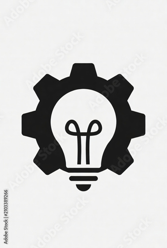 : idea gear icon, isolated on pure white background, centered composition, flat vector style, light bulb inside gear silhouette, crisp edges, no texture, no logo, no text, commercial stock illustratio