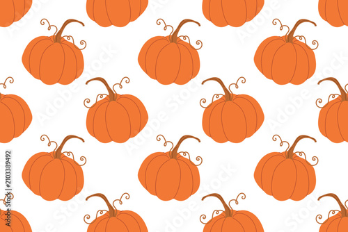 Orange pumpkins with stems in seamless pattern. Autumn harvest repeat design. Vector illustration for seasonal fabric, wallpaper
