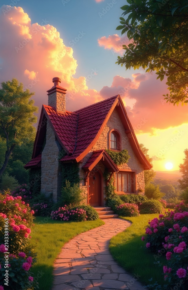 Obraz premium Stone cottage with red roof sits in rich garden with pink flowers and green grass. Winding stone path leads to welcoming front door. Warm golden hour sunset casts magical glow over idyllic scene.