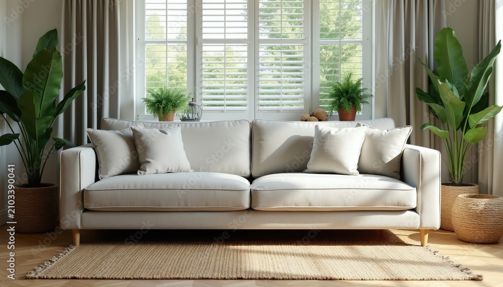 Fototapeta premium Modern light grey sofa stands in bright living room. Comfortable couch soft pillows near large window with shutters. Green indoor plants in rattan baskets decorate minimalist apartment space. Elegant