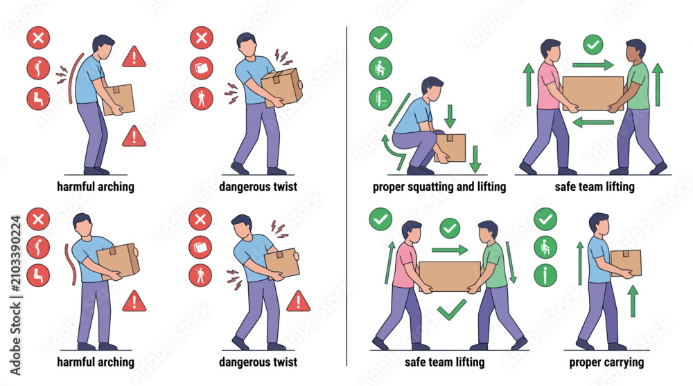 Fototapeta premium Infographic illustrating proper and improper lifting techniques for workplace safety