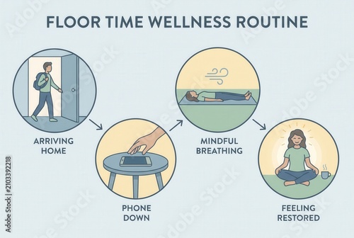 Illustration of a floor time wellness routine featuring steps like arriving home, putting phone down, practicing mindful breathing, and feeling restored