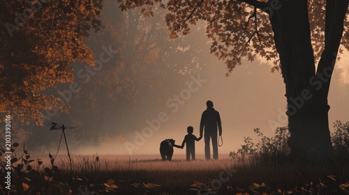 Father, child, and dog walk in autumnal forest