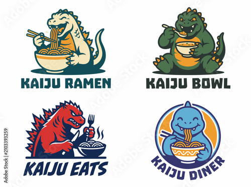 Set of cute kaiju monster characters eating ramen and food logos