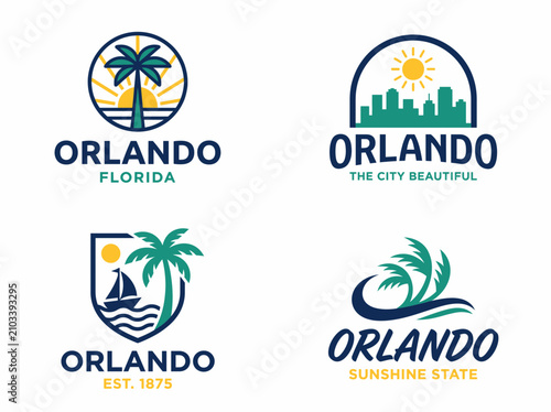 Set of orlando florida city logo emblems with palm trees and sun icons