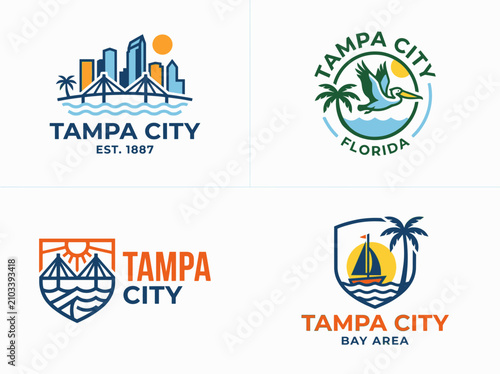 Set of tampa city florida vector logo designs with landmarks and icons