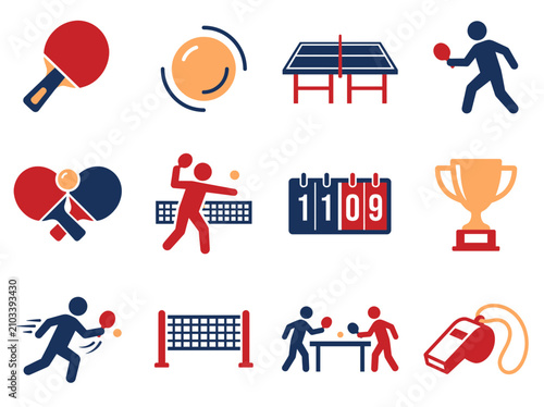 Set of table tennis icons, ping pong sport equipment and game elements