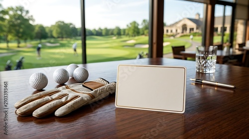 Blank card on a wooden table with golf equipment and a view of the course.