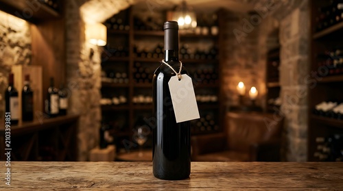 A single bottle of red wine with a blank tag standing on a wooden table in a cellar.