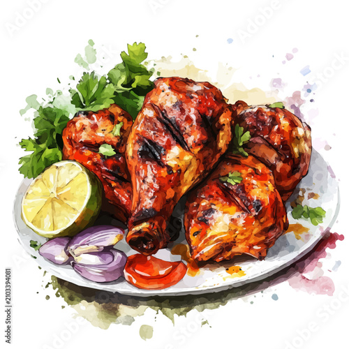 Quadro su tela Tandoori Chicken watercolor painterly illustration, semi-realistic fantasy desig