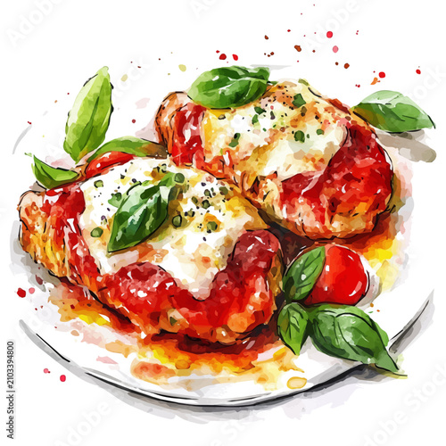Quadro su tela Chicken Parmigiana watercolor painterly illustration, semi-realistic fantasy des