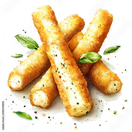 Foto Mozzarella Sticks watercolor painterly illustration, semi-realistic fantasy desi