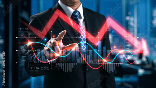 Fotografía Economic caution visualized with fluctuating market graph, alert symbols, and negative data trends