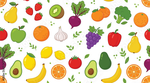 Colorful seamless pattern background flat vector illustration featuring fresh organic fruits and vegetables like banana avocado strawberry grape pear apple and tomato
