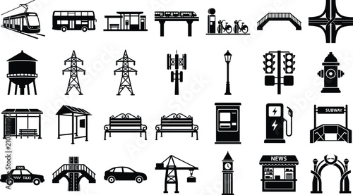 Bild auf Leinwand Urban Infrastructure and Transportation Silhouettes Set Featuring Public Transit