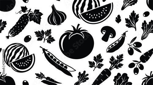 Black and white seamless pattern silhouette vector illustration featuring fresh fruits and vegetables like tomato watermelon cucumber garlic carrot and peaspeas