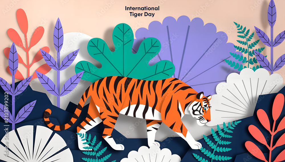 Fototapeta premium An illustration for International Tiger Day features a tiger walking among colorful paper-cut plants and foliage, highlighting the beauty of these majestic animals
