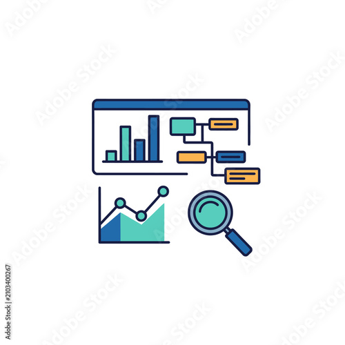 Minimalist flat vector icon representing data analysis and business intelligence, with charts, graphs, and a magnifying glass for research and insights, isolated on white background