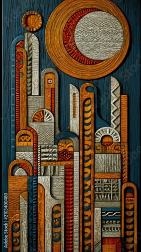 Aztec inspired carved wood artwork background with sunburst