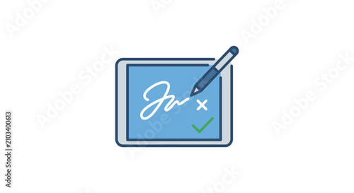 Minimalist Vector Icon of a Digital Signature Process on a Tablet, Representing Electronic Document Signing and Approval with a Stylus – Flat Design for Modern E-commerce and Business Operations