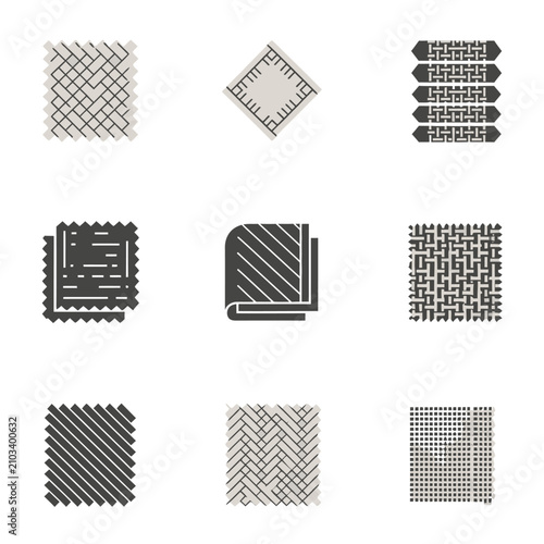 Minimalist flat vector icons of fabric and textile patterns. Geometric designs of various weave textures and materials for UI/UX and web development