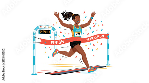 Excited Female Marathon Runner Crosses Finish Line With Arms Raised in Celebration Surrounded by Confetti