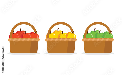 Three wicker baskets filled with fresh apples in red, yellow, and green. Harvest season fruit collection for market or farm display.