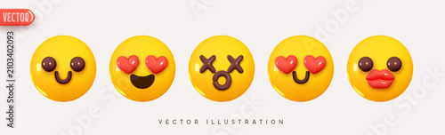 Cute yellow emoji faces with varied expressions for social media and messaging. Vector smiley icons showing love, anger, and playful emotions in gl...