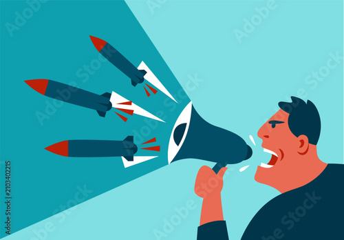 Man shouting through megaphone with flying missiles. Loud protester amplifying urgent message with military projectiles in motion.