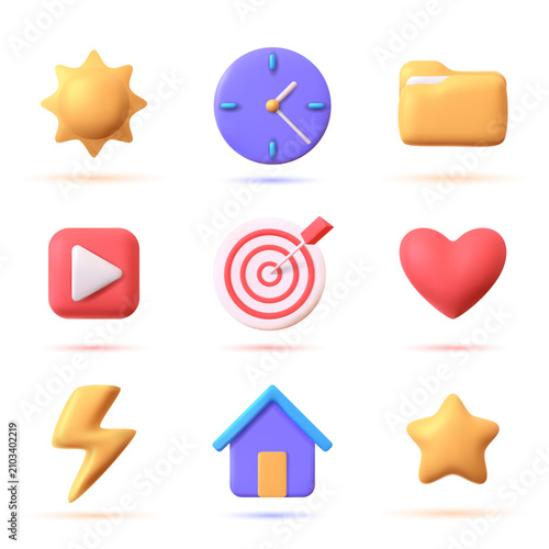 3D icons set for business and social media concepts. Isometric flat design elements for marketing, time, and love themes.
