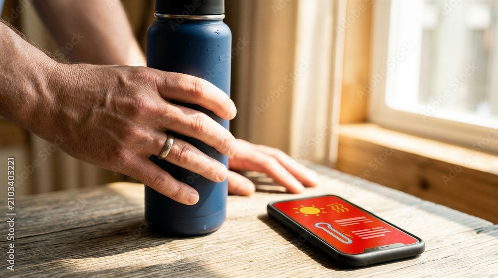 Fototapeta premium Extreme Heat Preparedness Concept, Close Up of Hand Holding Blue Insulated Water Bottle Next to Smartphone Displaying Heat Warning