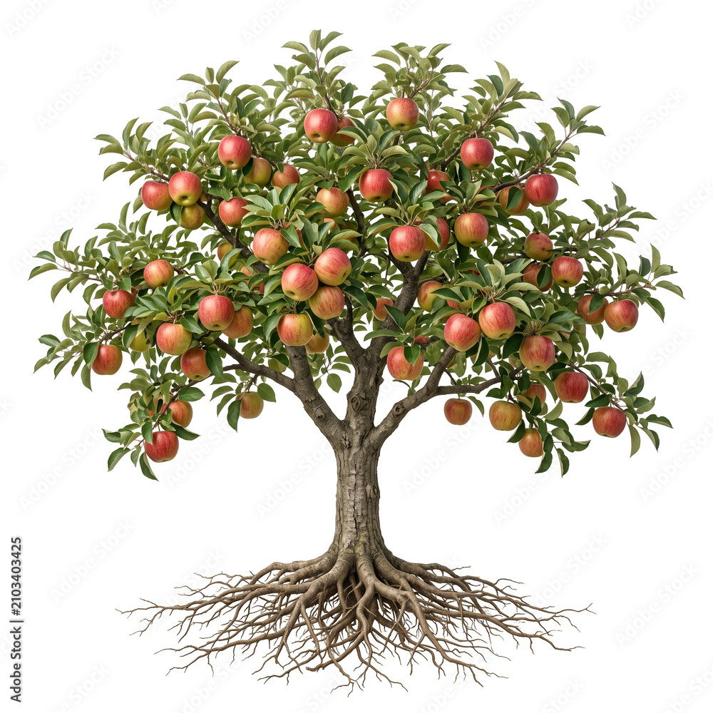 Fototapeta premium Northern Spy apple tree, mature full tree bearing ripe apples, exposed visible roots, 11 square ratio, isolated on seamless pure white background, ultra realistic botanical photography