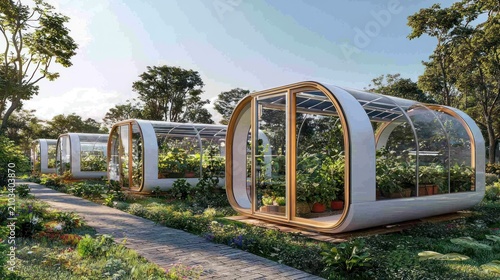 Modern eco-friendly greenhouses in a row.
