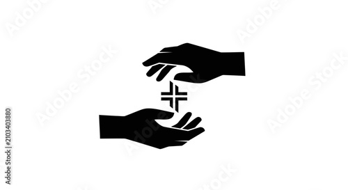 Black silhouette icon of two hands holding a religious cross symbol.