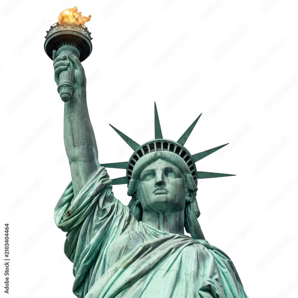 Fototapeta premium Statue of liberty with torch held high, iconic symbol of freedom and democracy, isolated on transparency.