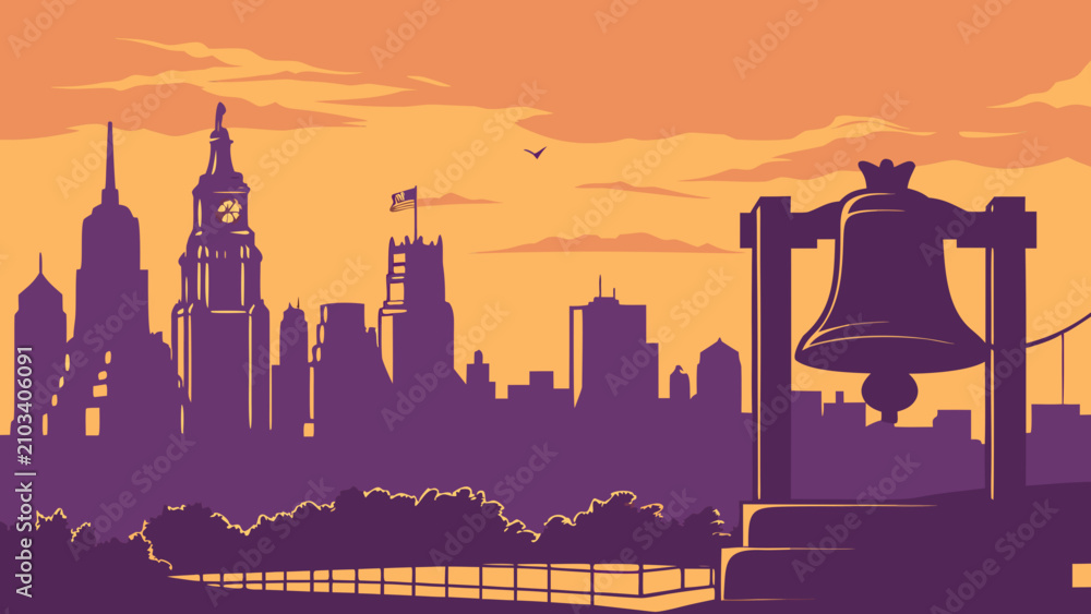 Obraz premium Philadelphia skyline with historic liberty bell at sunset