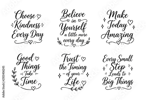 Foto Collection of inspirational handwritten quotes and positive affirmations in scri
