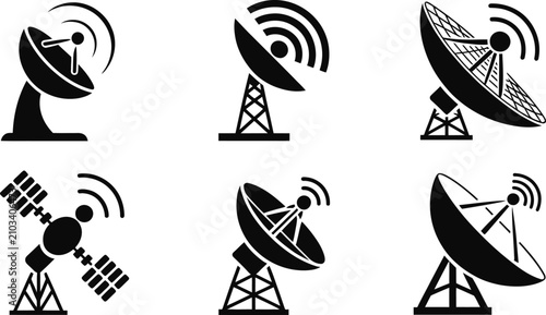 Satellite Dish and Telecommunication Radar Antenna Silhouette Icon