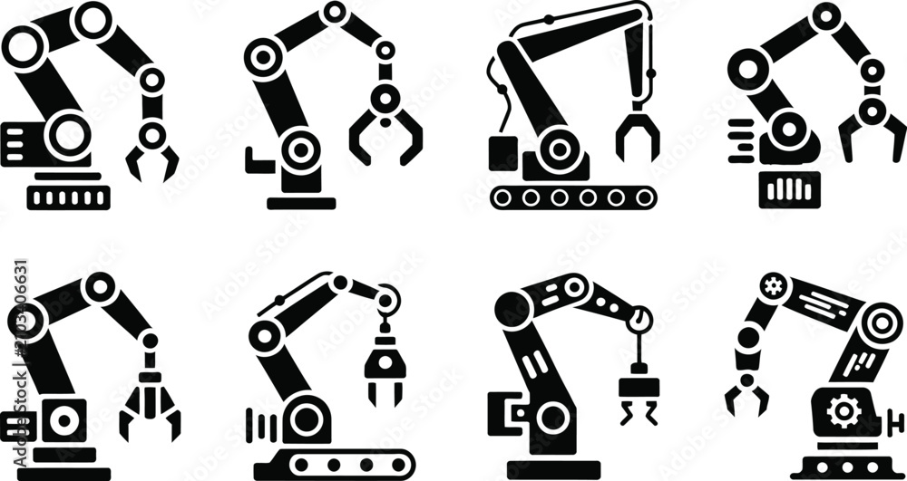 Obraz premium Industrial Robotic Arm Icon Set Manufacturing Automation Vector