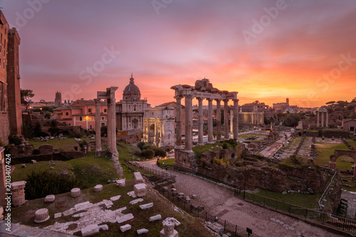 Roman Forum at sunrise with colorful sky in Rome, Italy