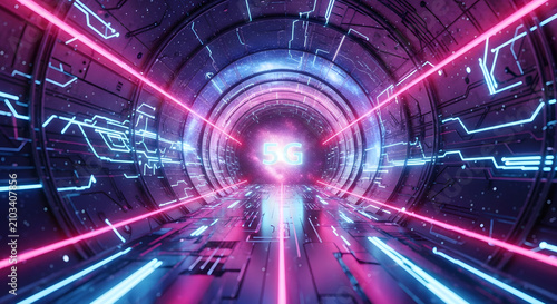 Futuristic 5G Technology Tunnel with Neon Lights and Digital Circuitry