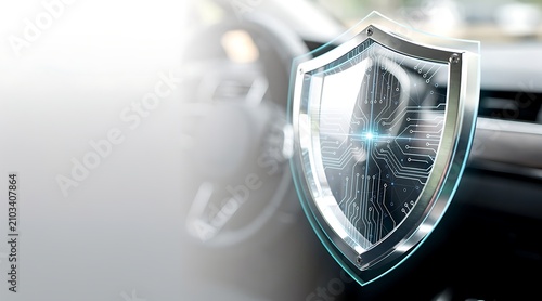 Cyber Security Protection Shield Icon for Autonomous Smart Car Technology and Vehicle Insurance Concept