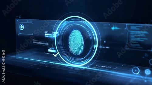 Futuristic biometric fingerprint scanning interface for digital security and identification.