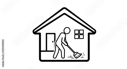 Bild auf Leinwand Stick figure sweeping floor inside house line icon representing home cleaning