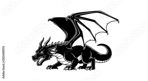Cuadro en lienzo Powerful black dragon illustration with majestic wings and an intimidating prese